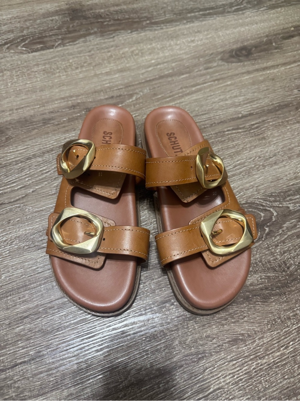 SCHUTZ Brown Leather Double-Buckle Slide Sandals